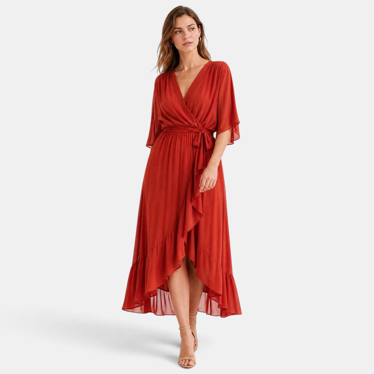 Robe midi pour femme avec encolure en V et taille à nouer