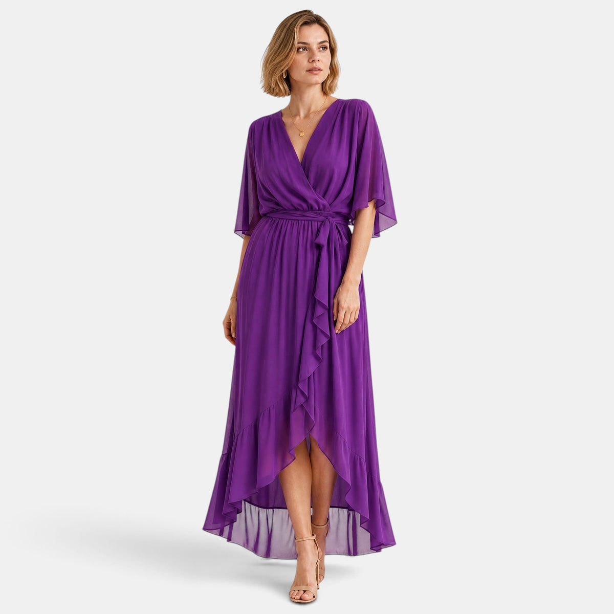 Robe midi pour femme avec encolure en V et taille à nouer