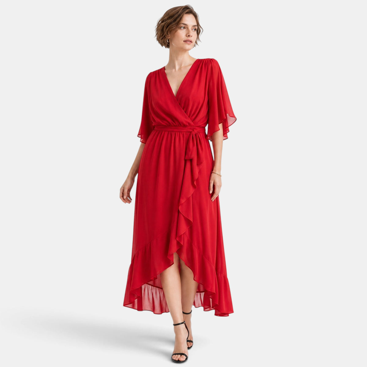 Robe midi pour femme avec encolure en V et taille à nouer