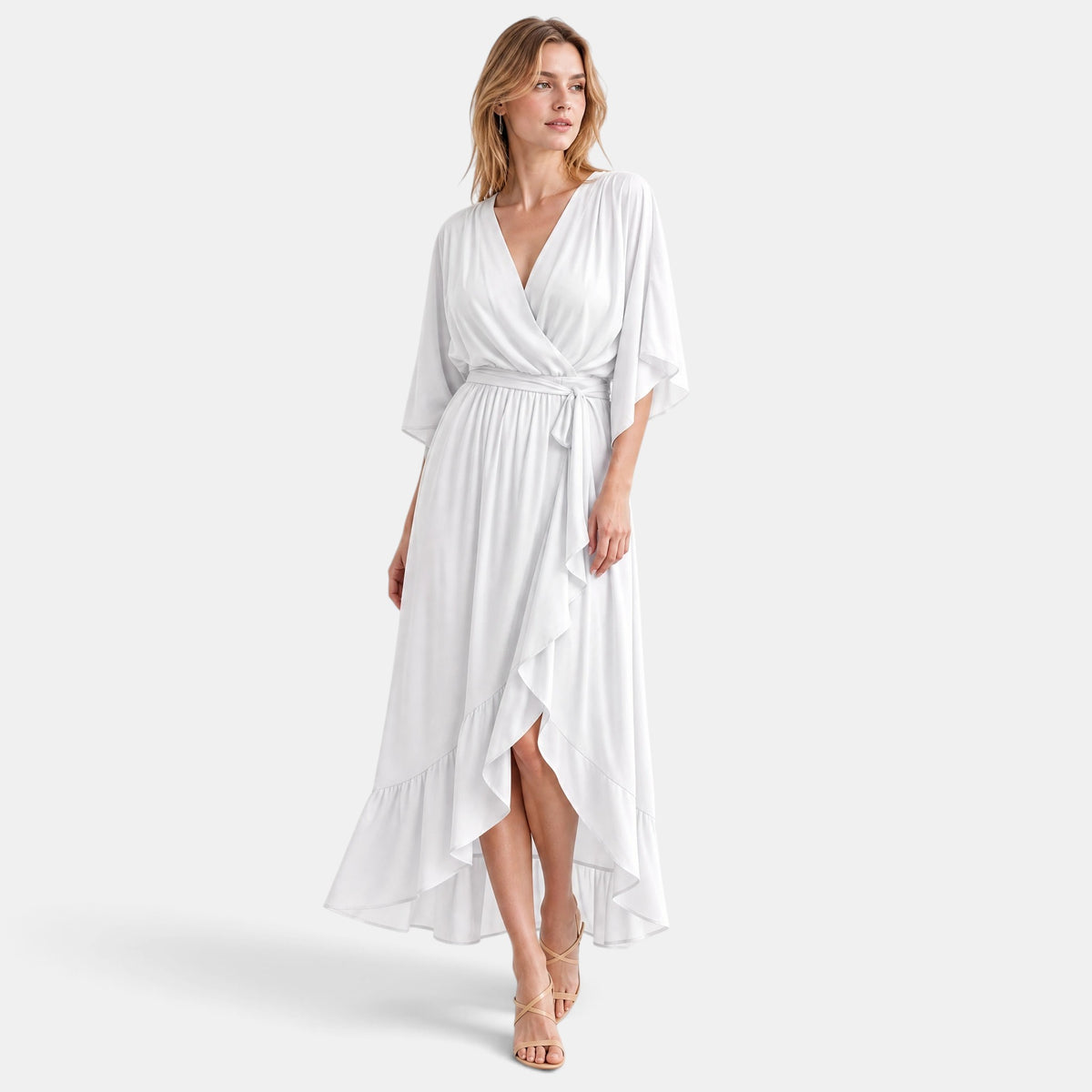 Robe midi pour femme avec encolure en V et taille à nouer