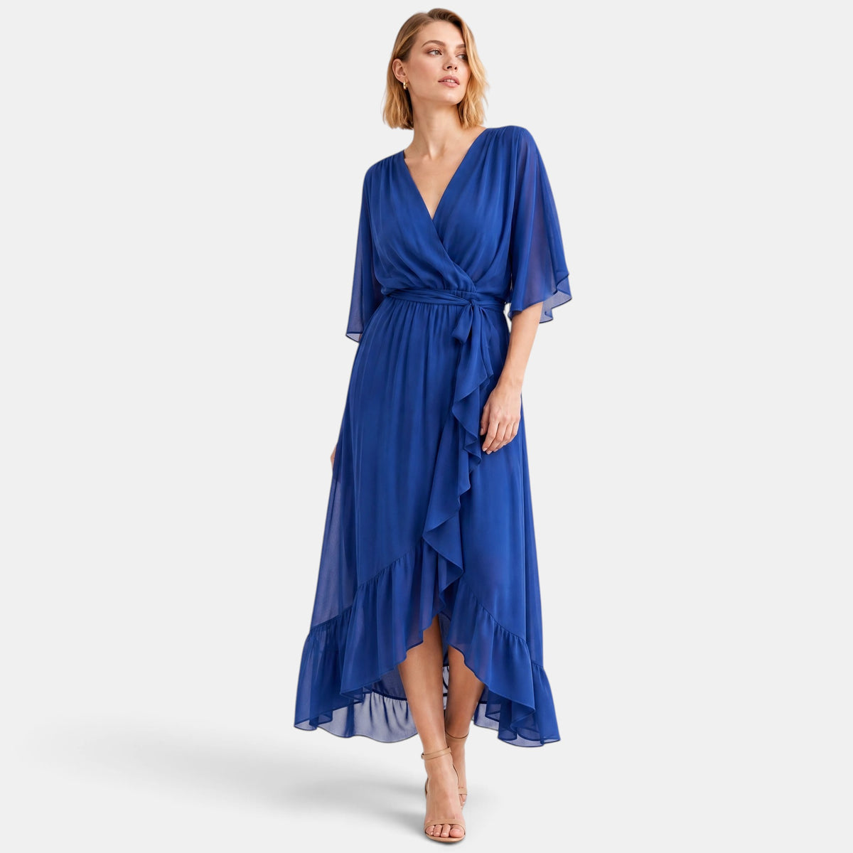 Robe midi pour femme avec encolure en V et taille à nouer