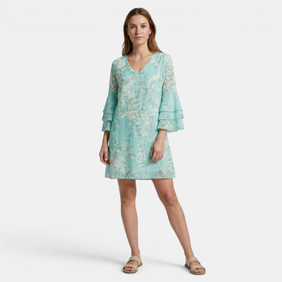 Robe courte pour femme avec encolure en V et manches évasées