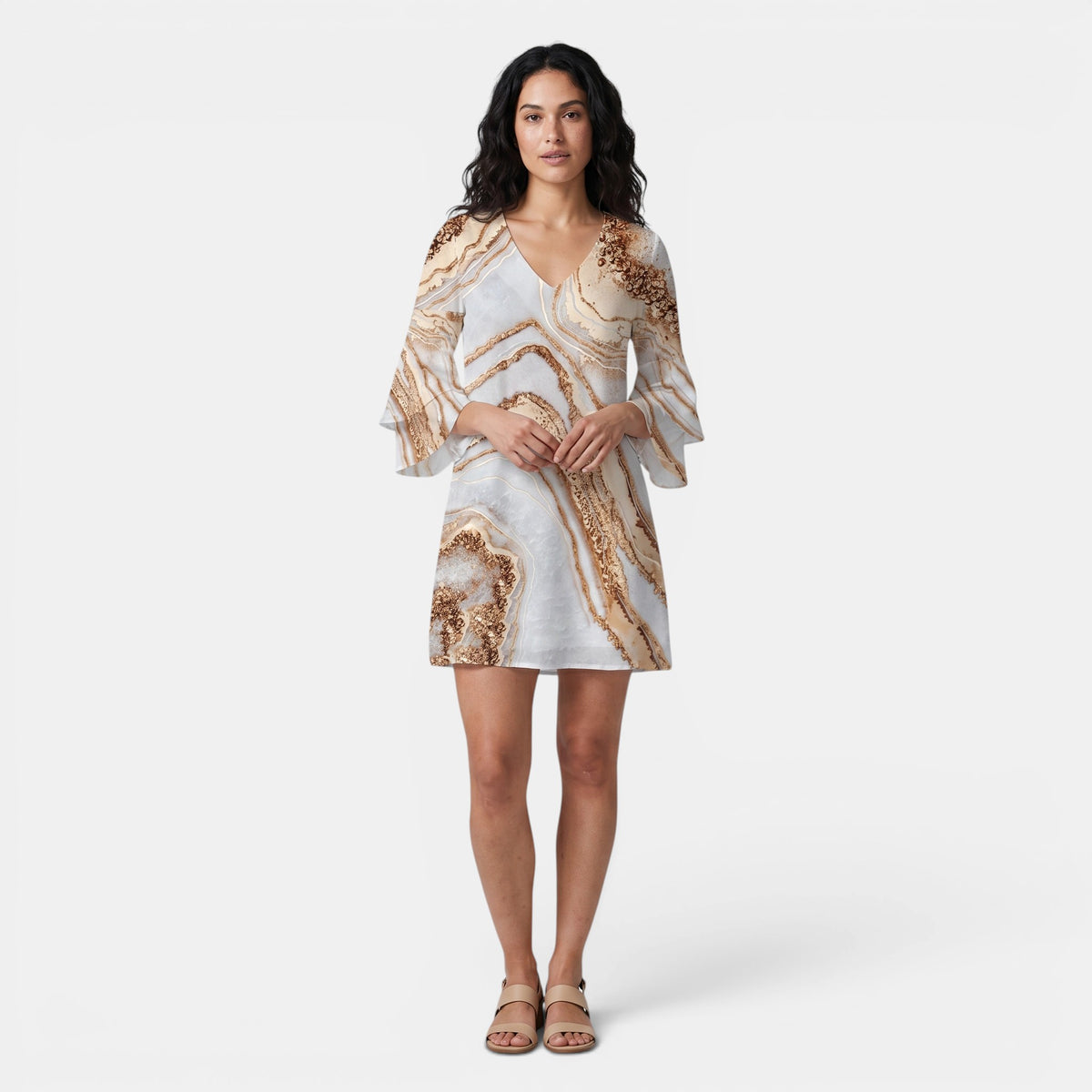 Robe courte pour femme avec encolure en V et manches évasées