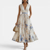 Robe maxi plissée pour femmes, col en V, robe élégante avec ceinture à la taille