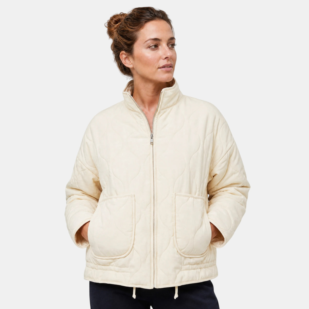 Women's Quilted Bomber Jacket with Zip Front and Patch Pockets