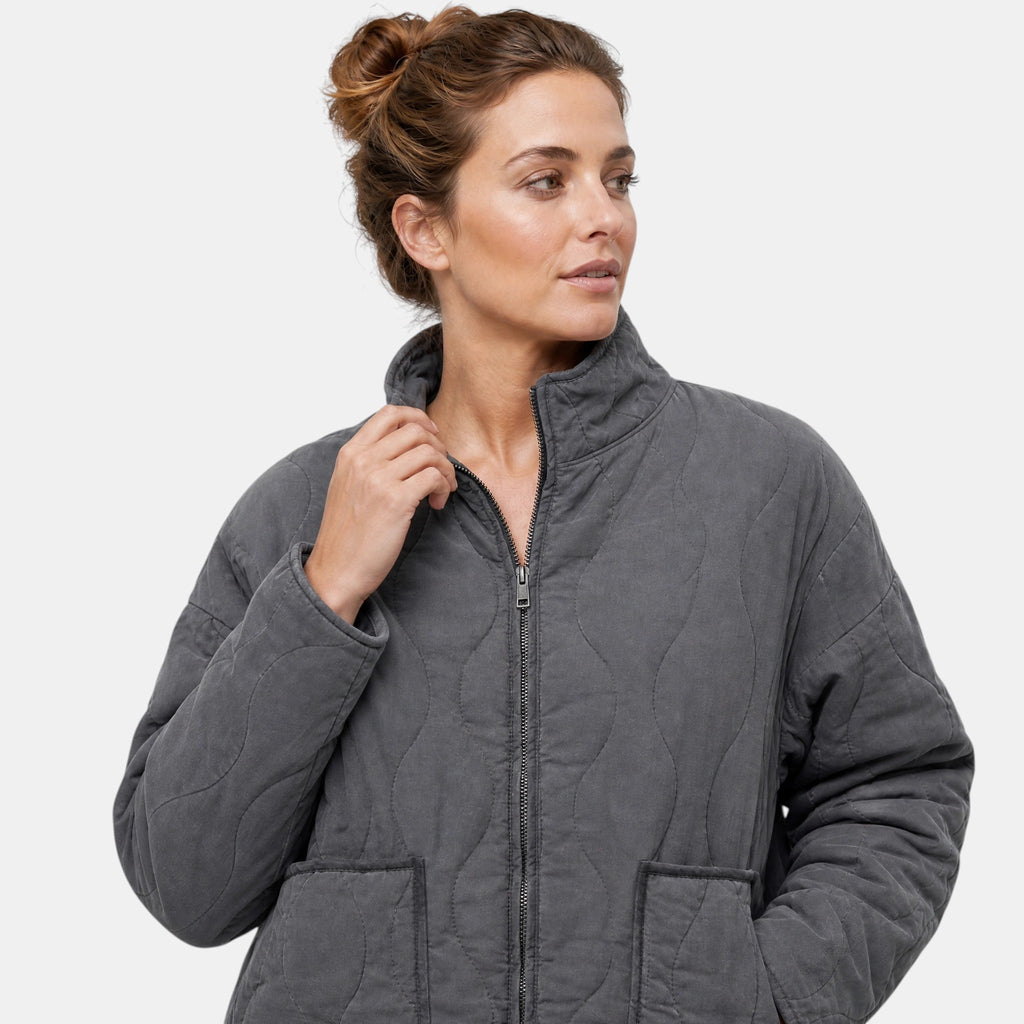 Women's Quilted Bomber Jacket with Zip Front and Patch Pockets