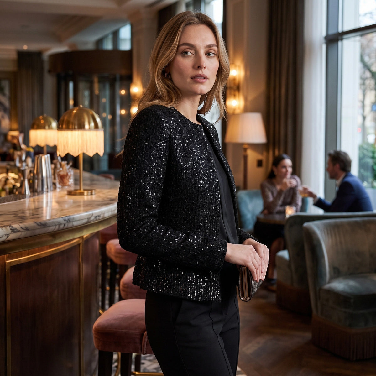 Women's Sequin Jacket with Long Sleeves and Open Front