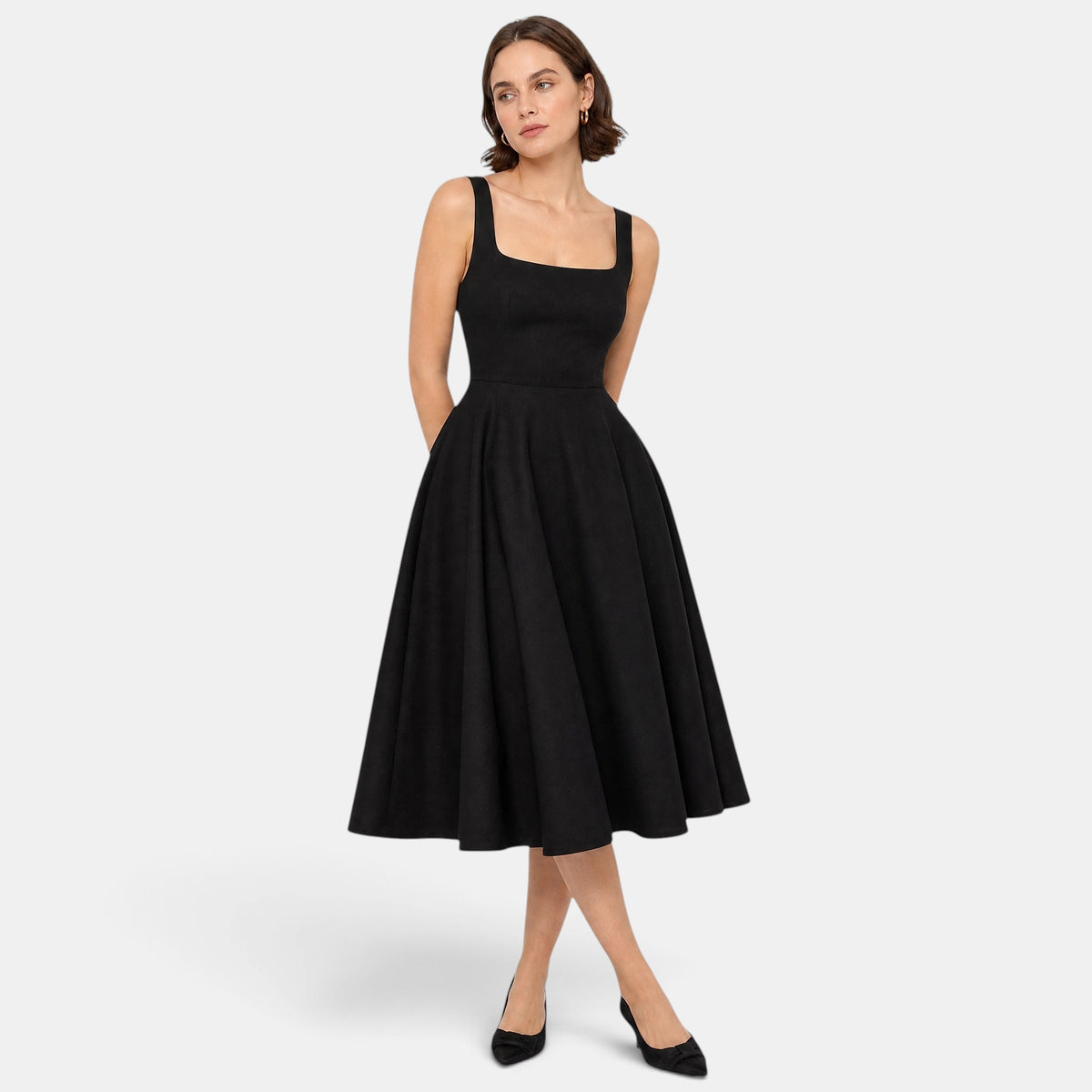 Robe midi trapèze sans manches à encolure carrée pour femme