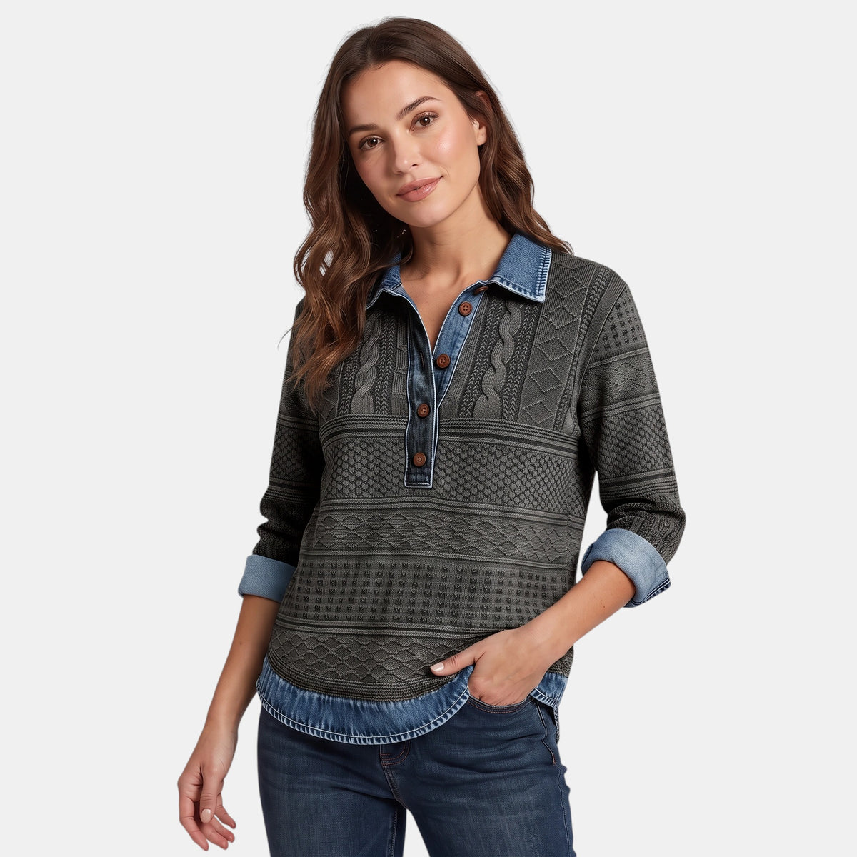 Sweat-shirt pour femme avec patte de boutonnage partielle et col chemise