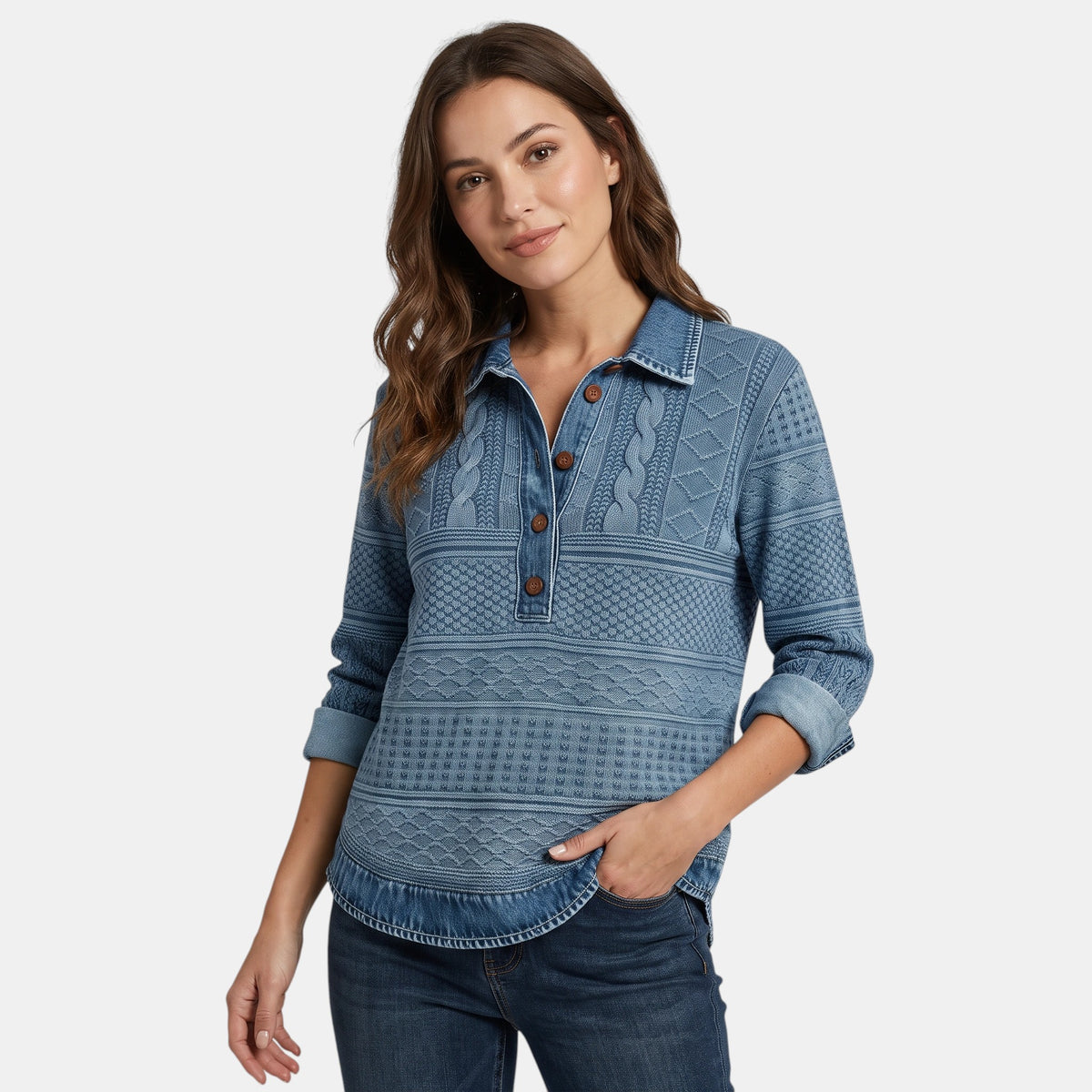 Sweat-shirt pour femme avec patte de boutonnage partielle et col chemise