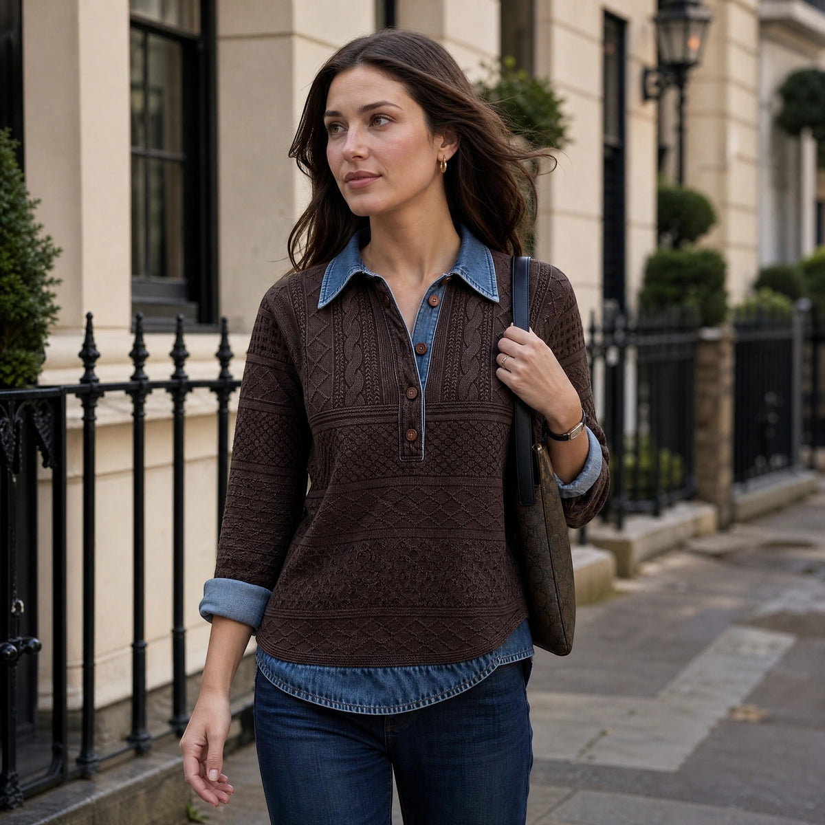 Sweat-shirt pour femme avec patte de boutonnage partielle et col chemise