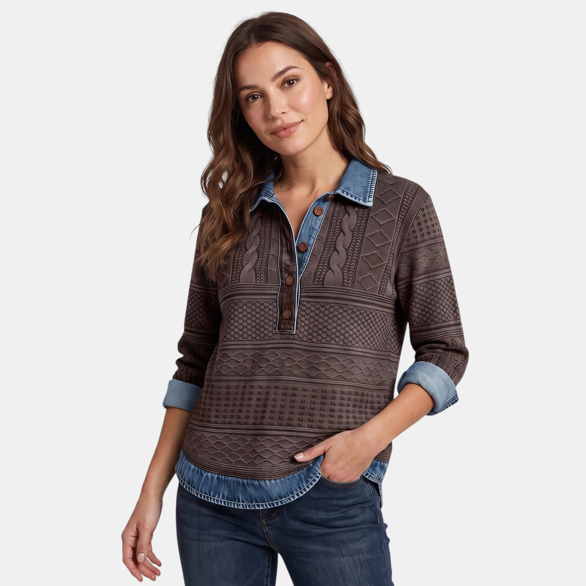 Sweat-shirt pour femme avec patte de boutonnage partielle et col chemise