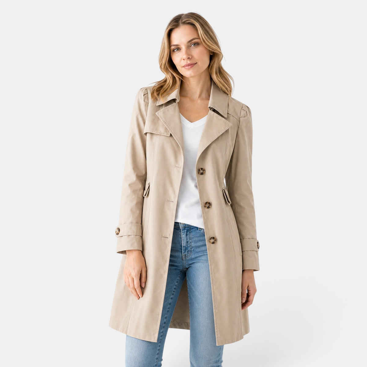 Trench-coat pour femme avec col classique, fermeture boutonnée et ceinture à la taille