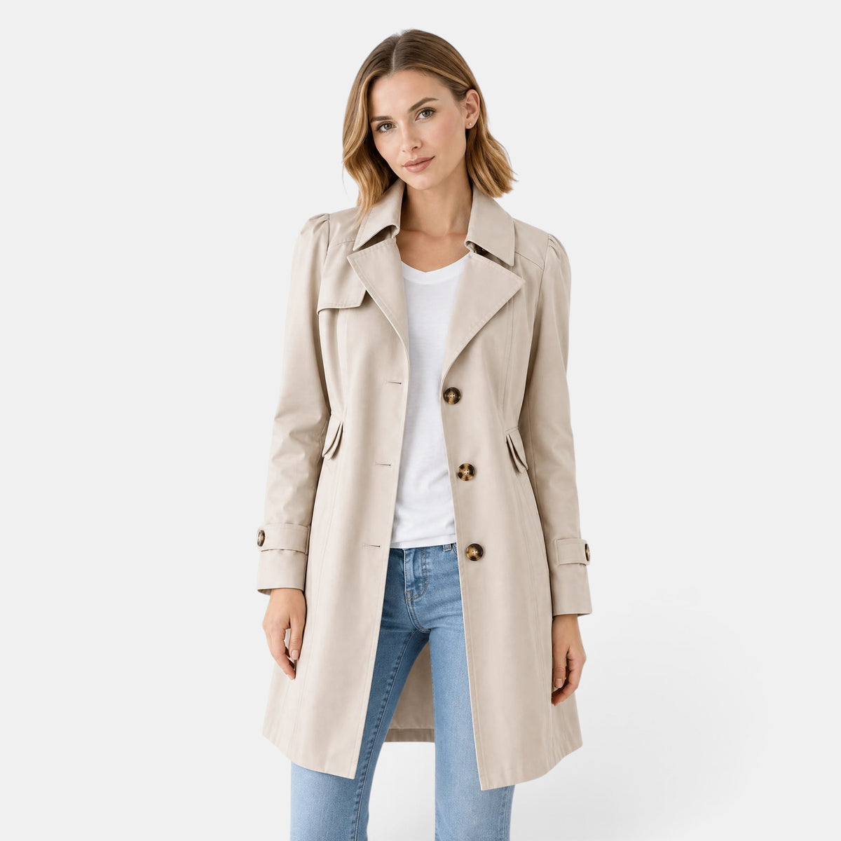 Trench-coat pour femme avec col classique, fermeture boutonnée et ceinture à la taille