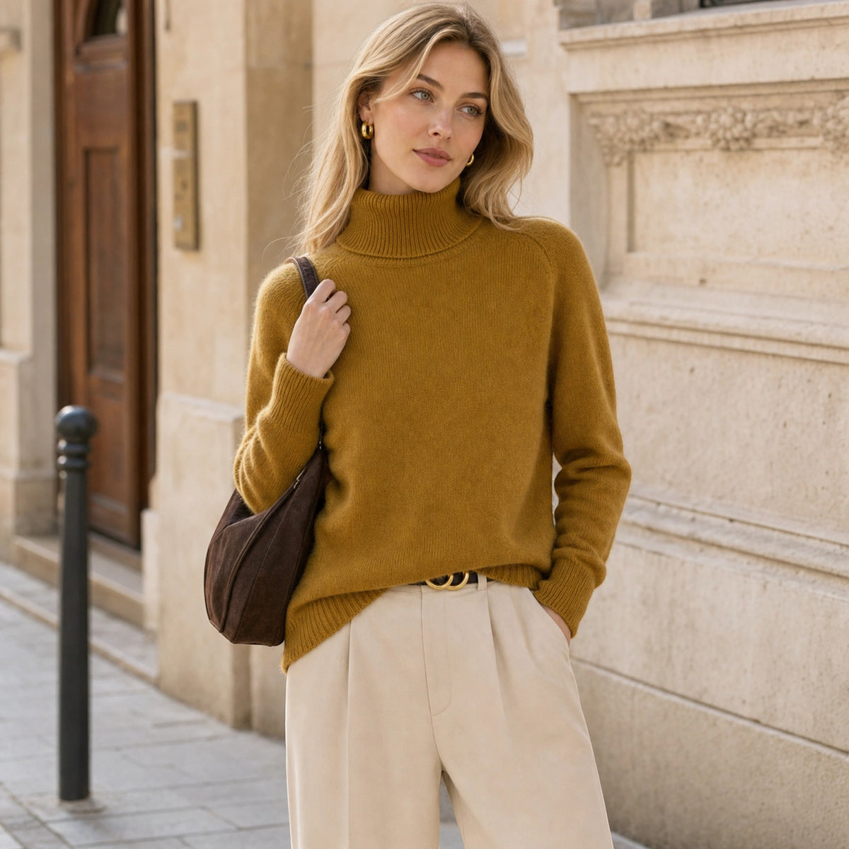 Pull à col roulé pour femme à manches longues