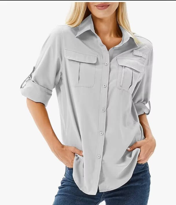 Chemise de randonnée pour femmes à manches longues, indice UPF 50, convertible, avec manches retroussables et deux poches