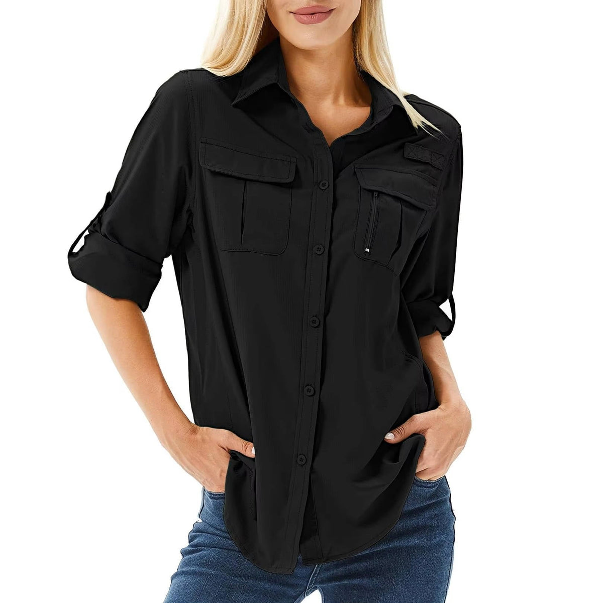 Chemise de randonnée pour femmes à manches longues, indice UPF 50, convertible, avec manches retroussables et deux poches
