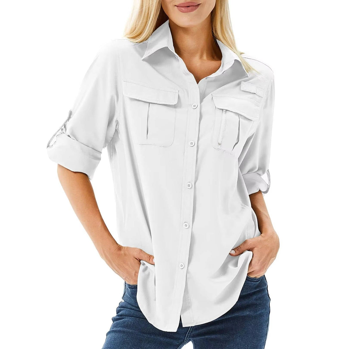 Chemise de randonnée pour femmes à manches longues, indice UPF 50, convertible, avec manches retroussables et deux poches
