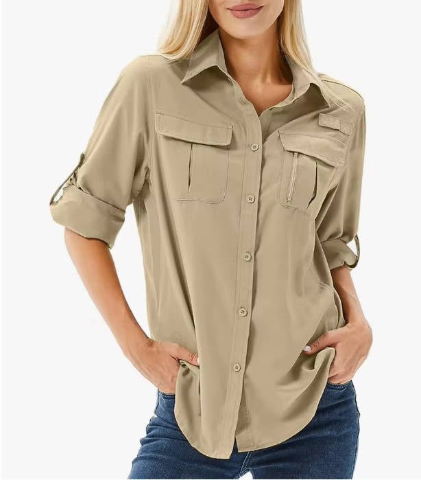 Chemise de randonnée pour femmes à manches longues, indice UPF 50, convertible, avec manches retroussables et deux poches