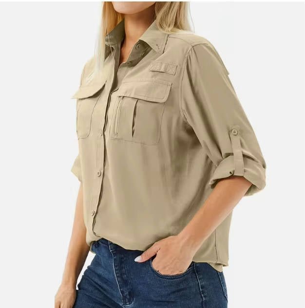Women's UPF 50 Long Sleeve Convertible Hiking Shirt with Roll-Up Sleeves and Dual Pockets