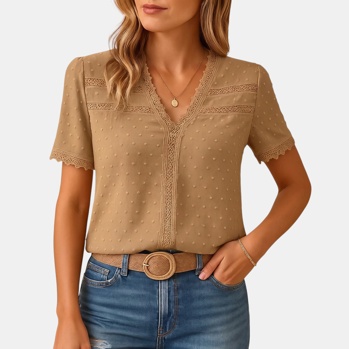 Chemisier pour femme à col en V, bordure en dentelle et manches courtes