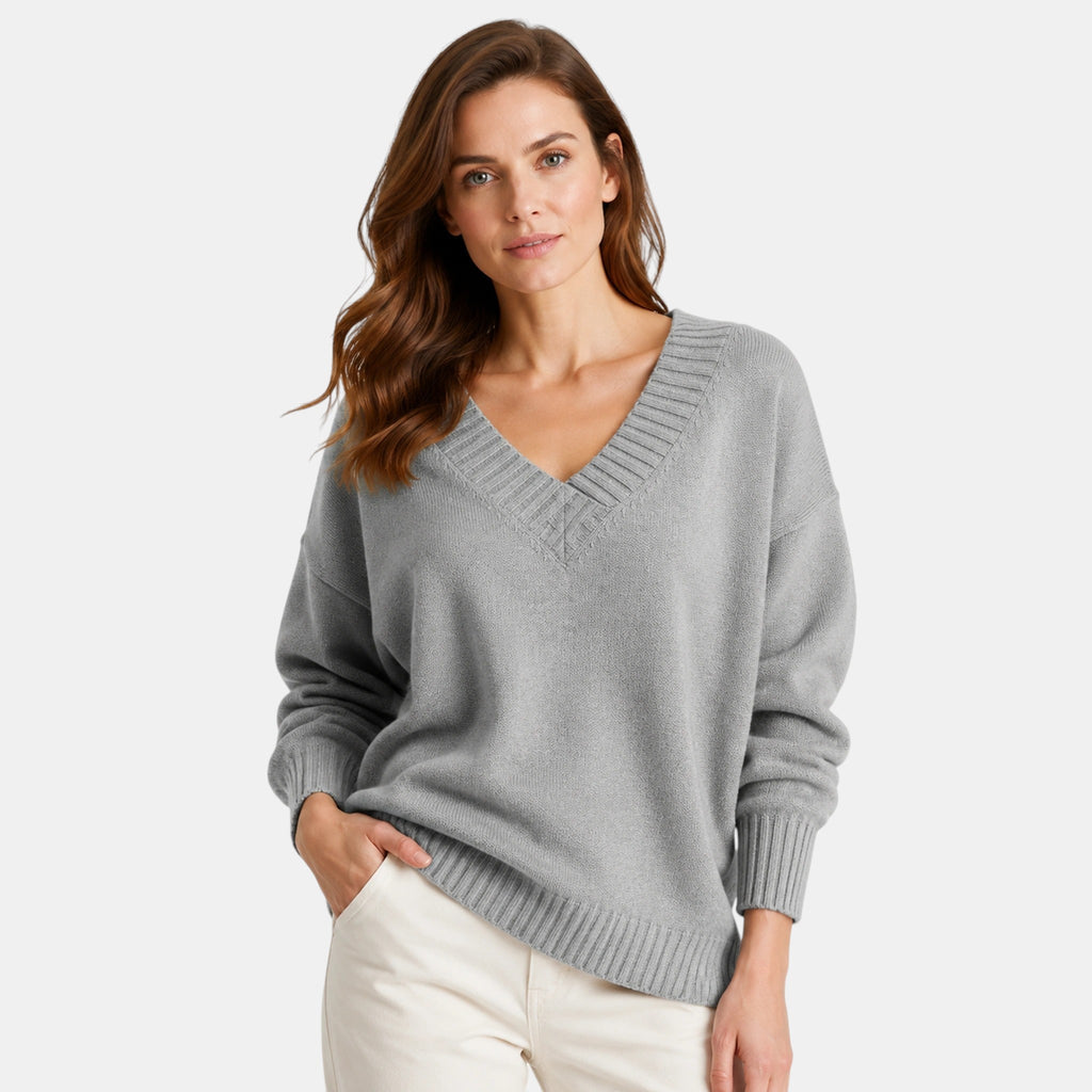 Women's V-Neck Jumper with Long Sleeves and Oversized Fit