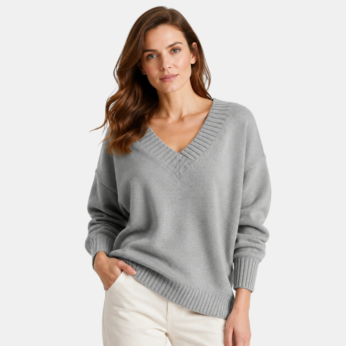 Pull à col en V pour femme, à manches longues et coupe oversize