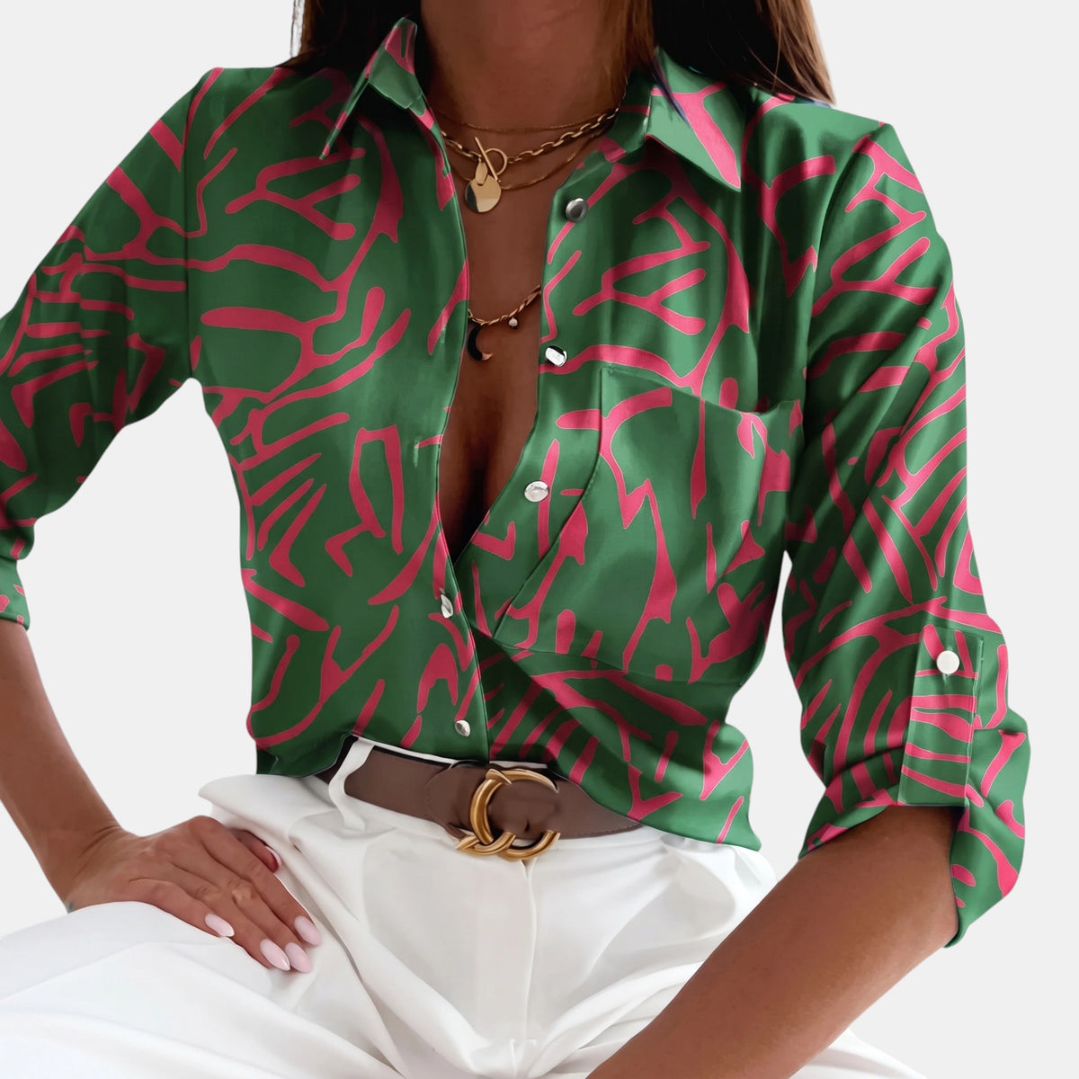 Blouse imprimée boutonnée à col en V pour femme