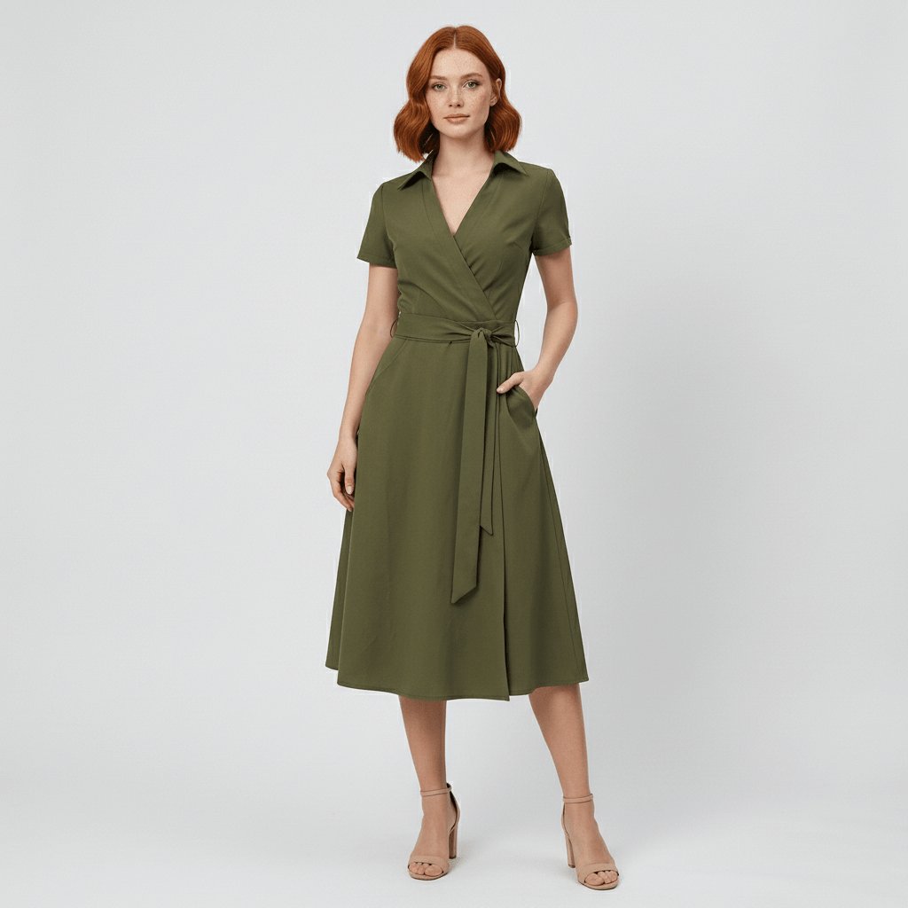 Robe midi portefeuille pour femmes à col en V, lien à nouer à la taille et poches, pour un style sans effort