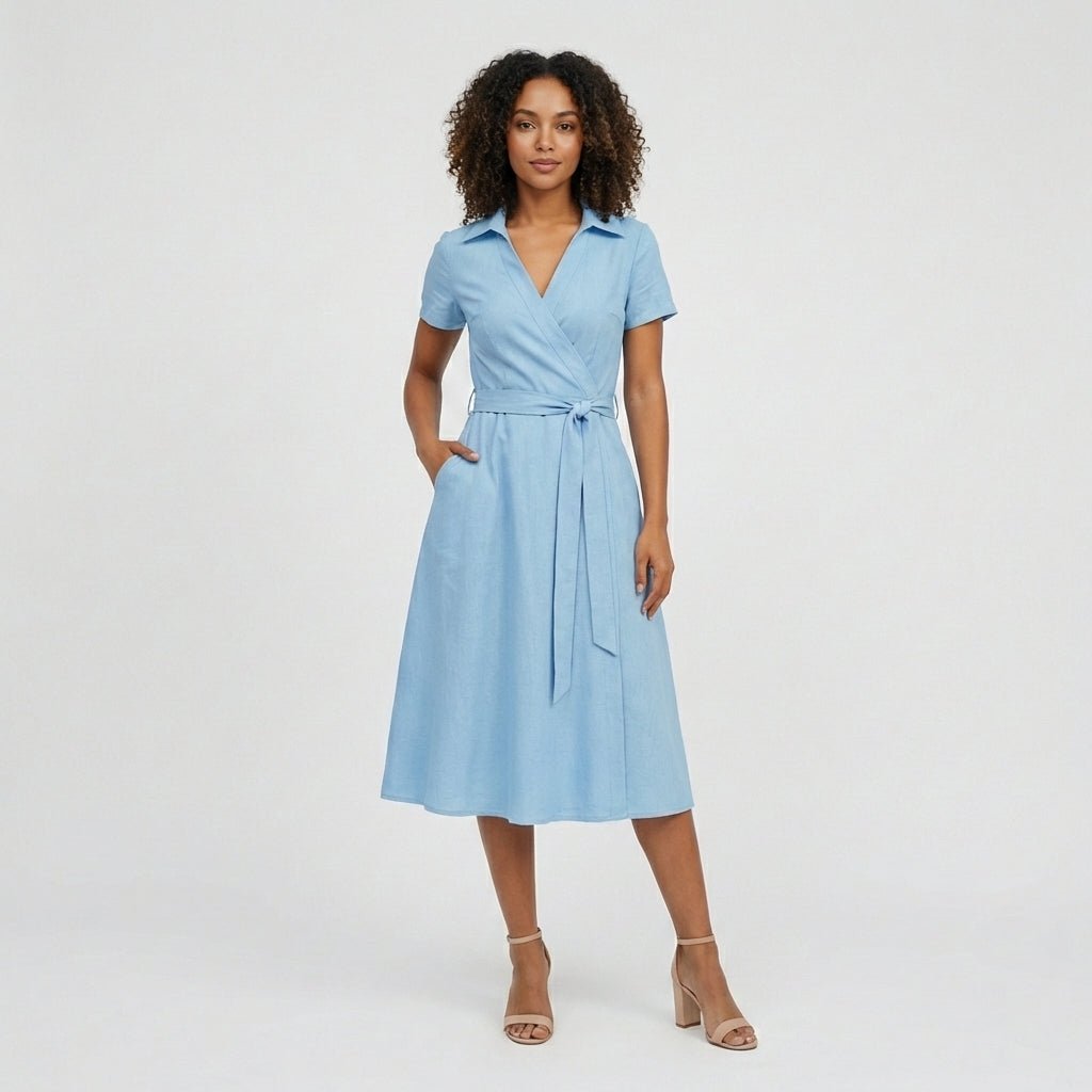 Robe midi portefeuille pour femmes à col en V, lien à nouer à la taille et poches, pour un style sans effort