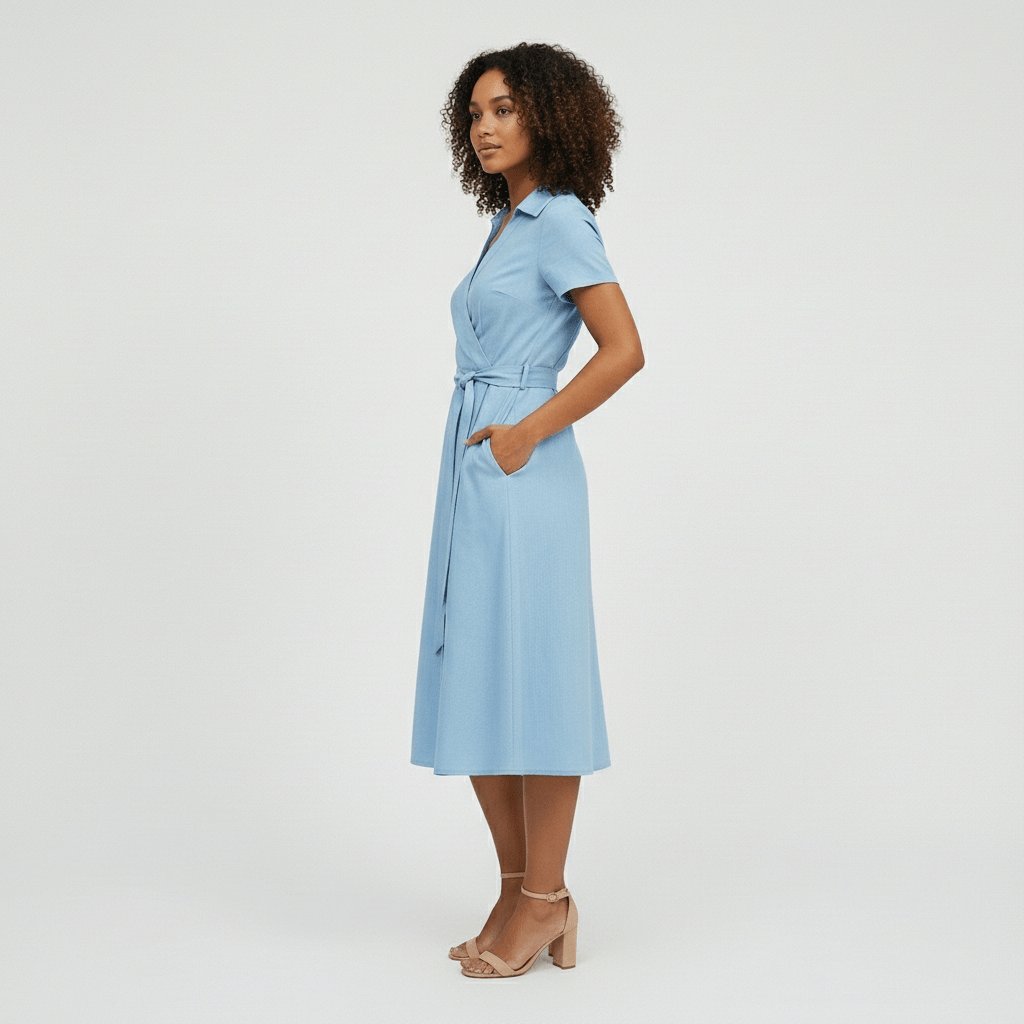 Robe midi portefeuille pour femmes à col en V, lien à nouer à la taille et poches, pour un style sans effort