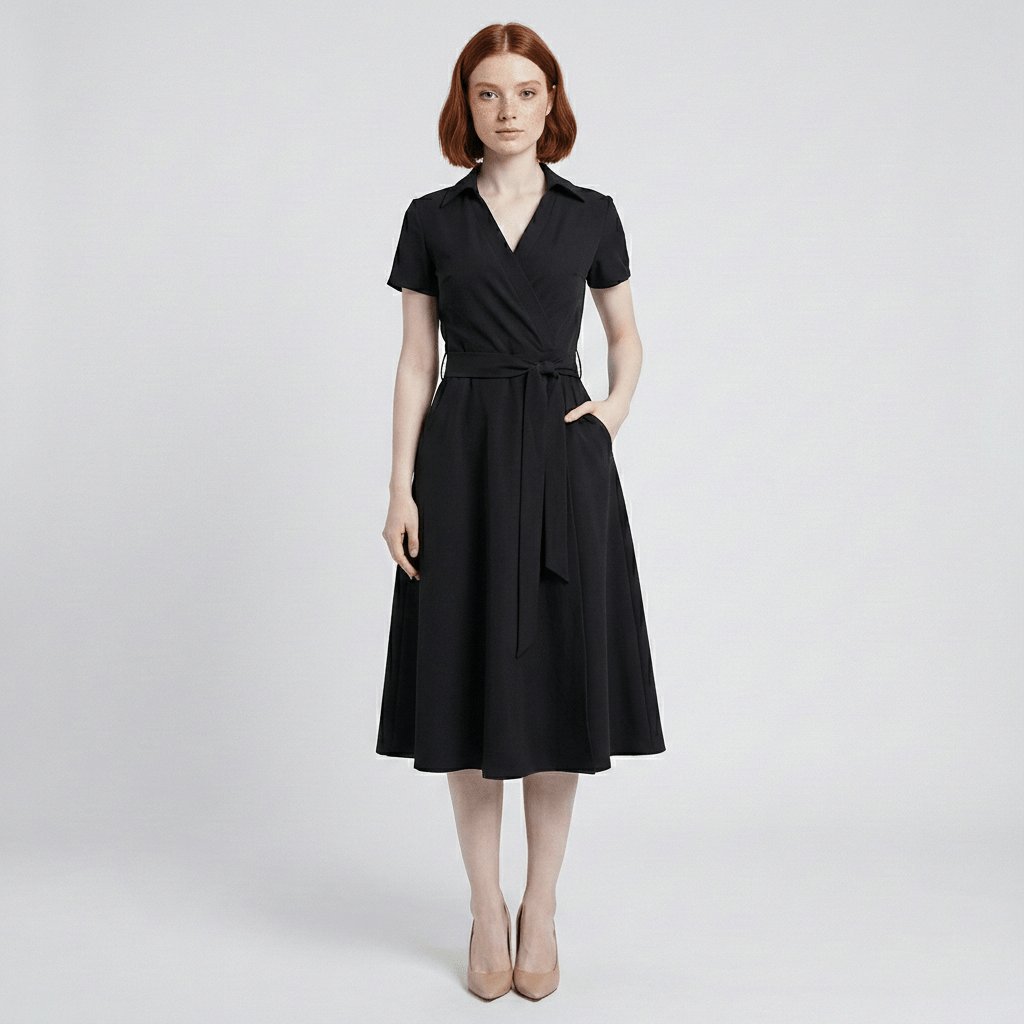 Robe midi portefeuille pour femmes à col en V, lien à nouer à la taille et poches, pour un style sans effort