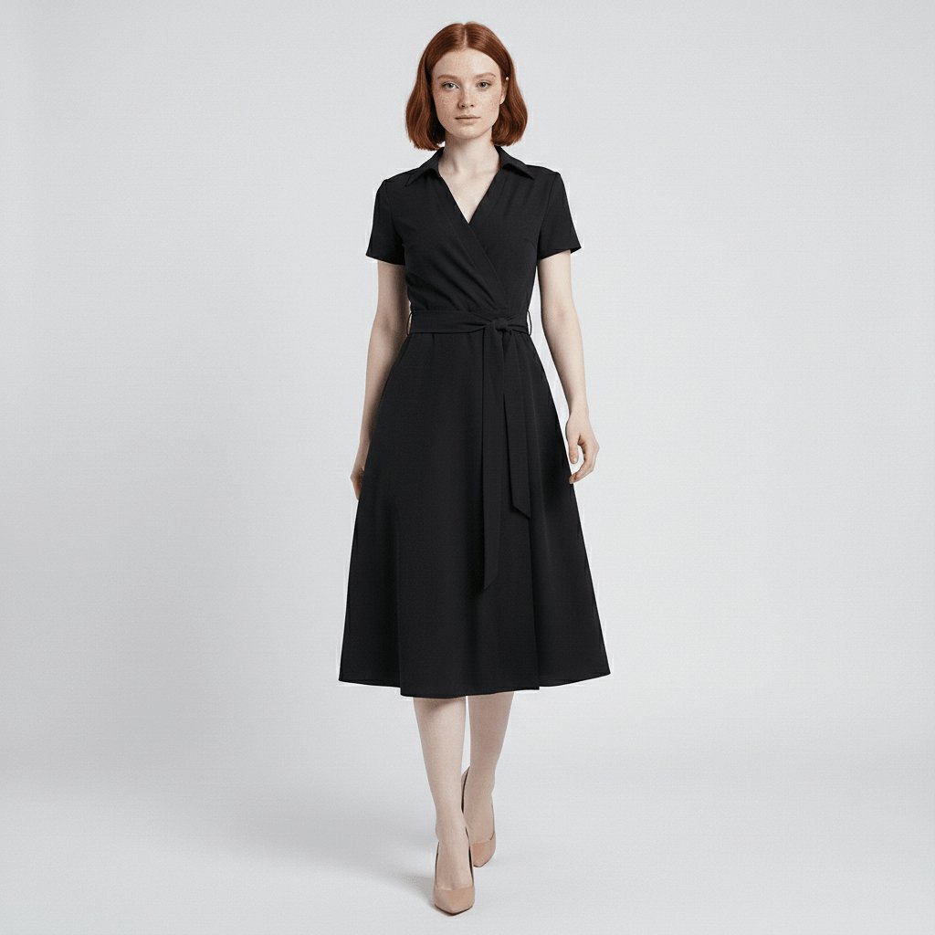 Robe midi portefeuille pour femmes à col en V, lien à nouer à la taille et poches, pour un style sans effort