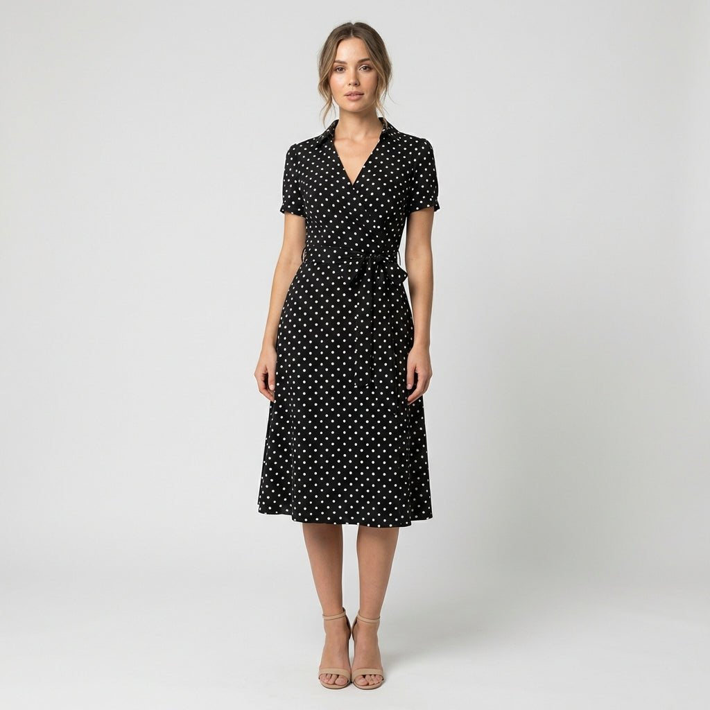 Robe midi portefeuille pour femmes à col en V, lien à nouer à la taille et poches, pour un style sans effort