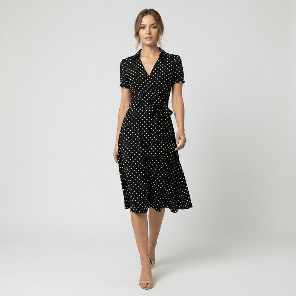 Robe midi portefeuille pour femmes à col en V, lien à nouer à la taille et poches, pour un style sans effort