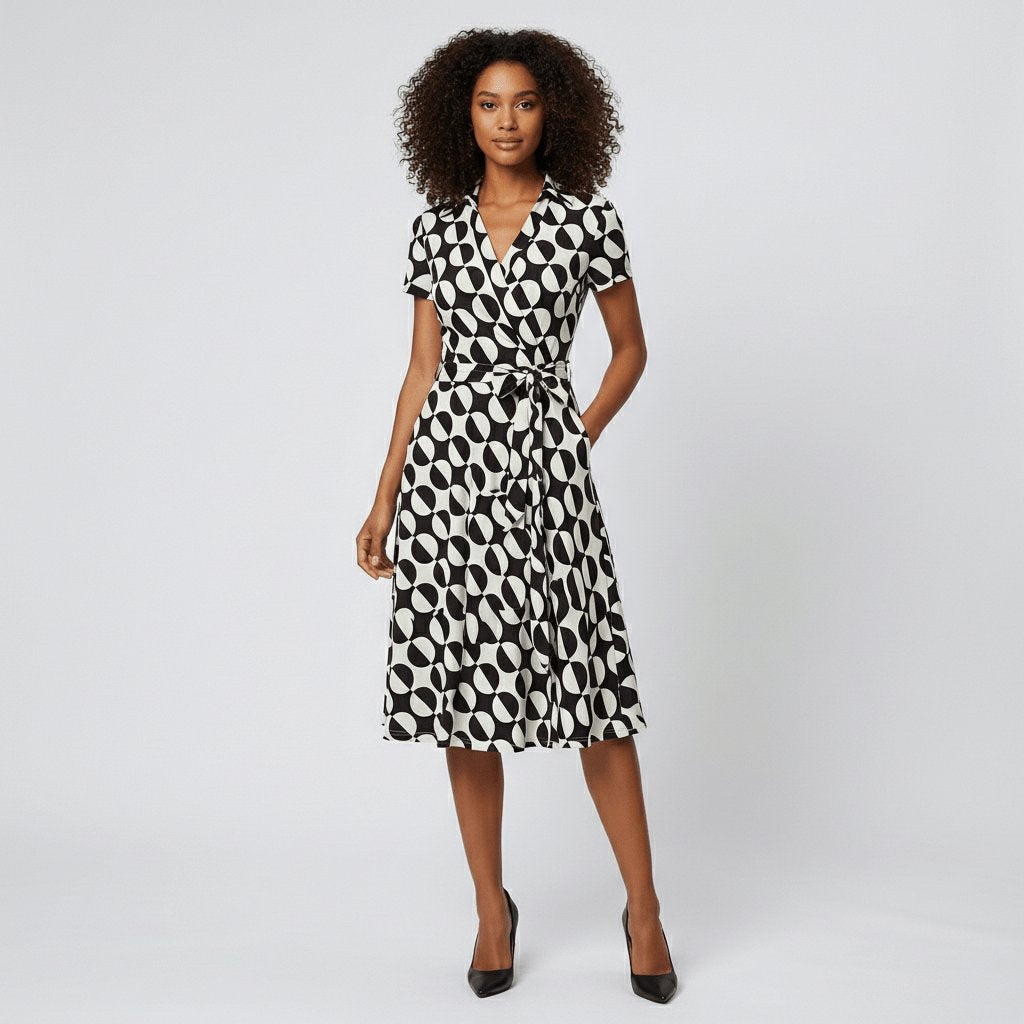 Robe midi portefeuille pour femmes à col en V, lien à nouer à la taille et poches, pour un style sans effort