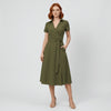 Women's V-Neck Wrap Midi Dress with Waist Tie and Pockets for Effortless Style
