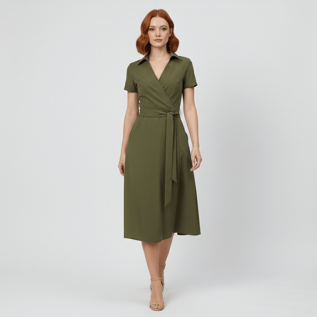 Robe midi portefeuille pour femmes à col en V, lien à nouer à la taille et poches, pour un style sans effort