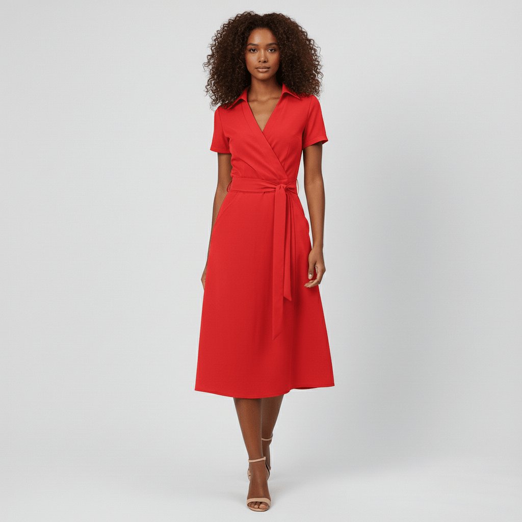 Robe midi portefeuille pour femmes à col en V, lien à nouer à la taille et poches, pour un style sans effort