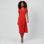 Robe midi portefeuille pour femmes à col en V, lien à nouer à la taille et poches, pour un style sans effort