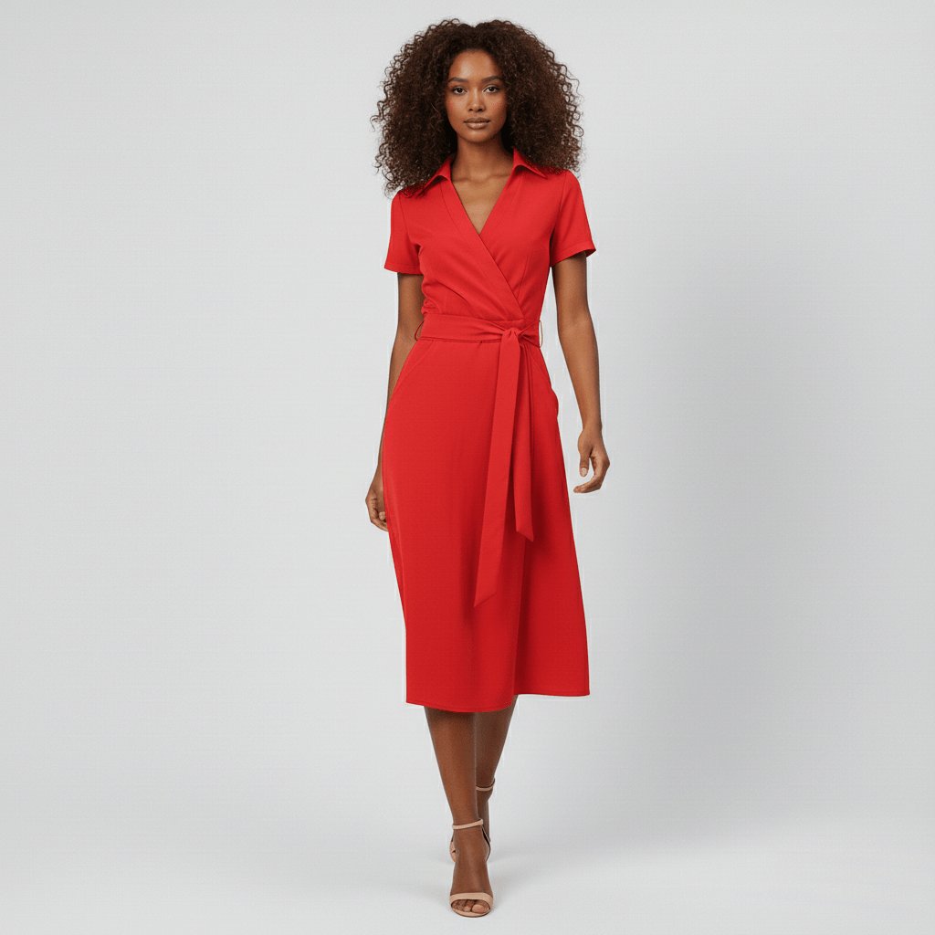 Robe midi portefeuille pour femmes à col en V, lien à nouer à la taille et poches, pour un style sans effort