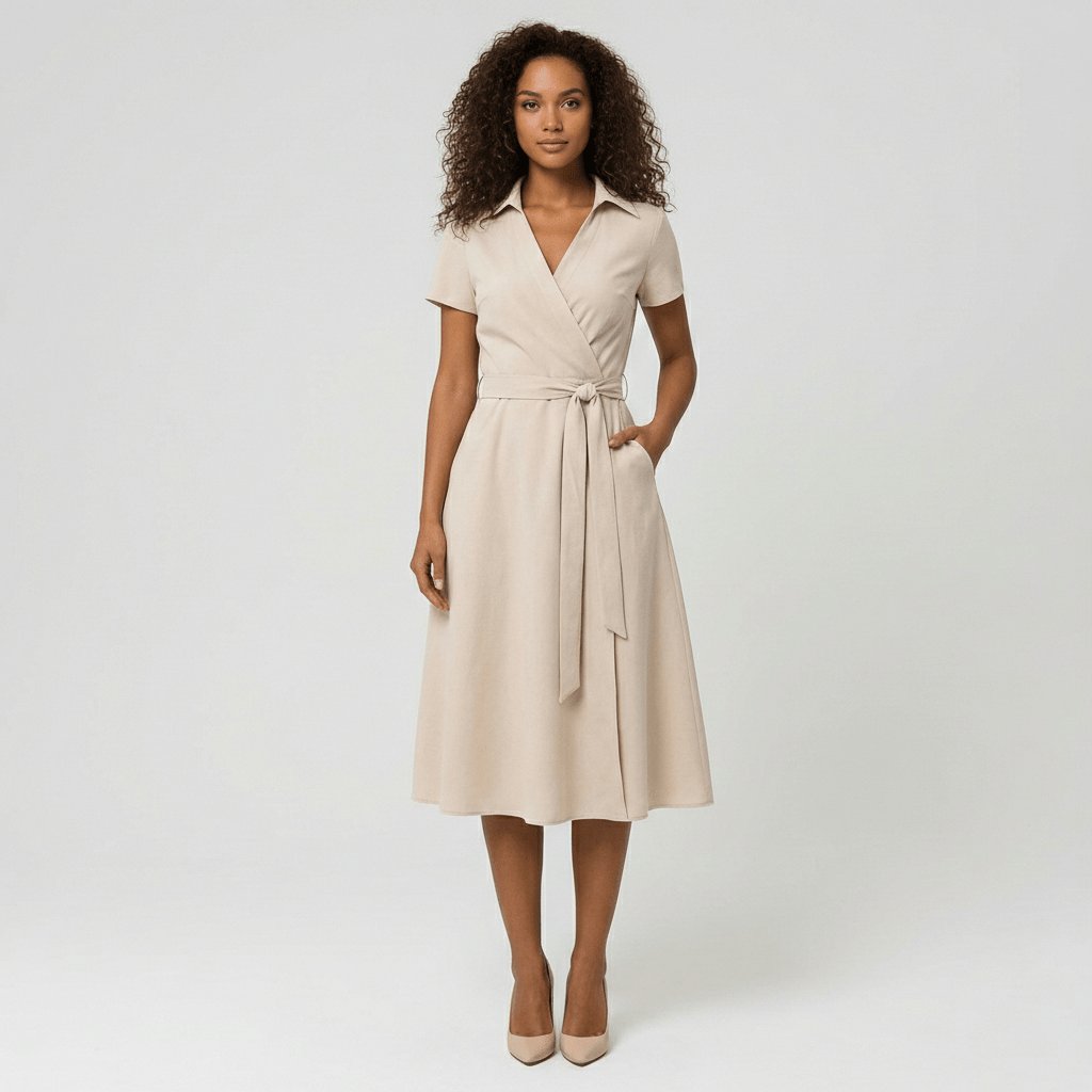 Robe midi portefeuille pour femmes à col en V, lien à nouer à la taille et poches, pour un style sans effort
