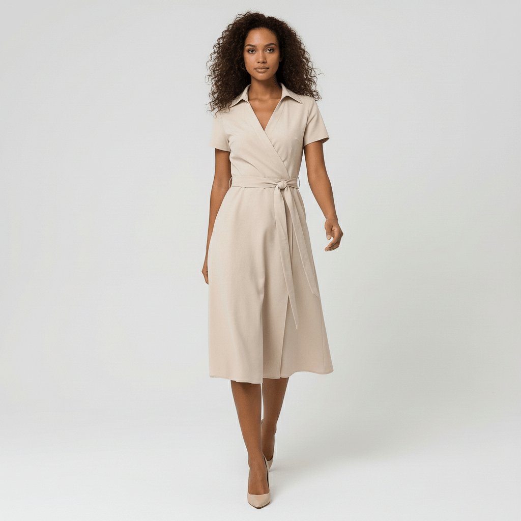 Robe midi portefeuille pour femmes à col en V, lien à nouer à la taille et poches, pour un style sans effort