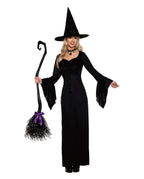 Női boszorkányos halloweeni jelmez fűzős ruhával és kalappal