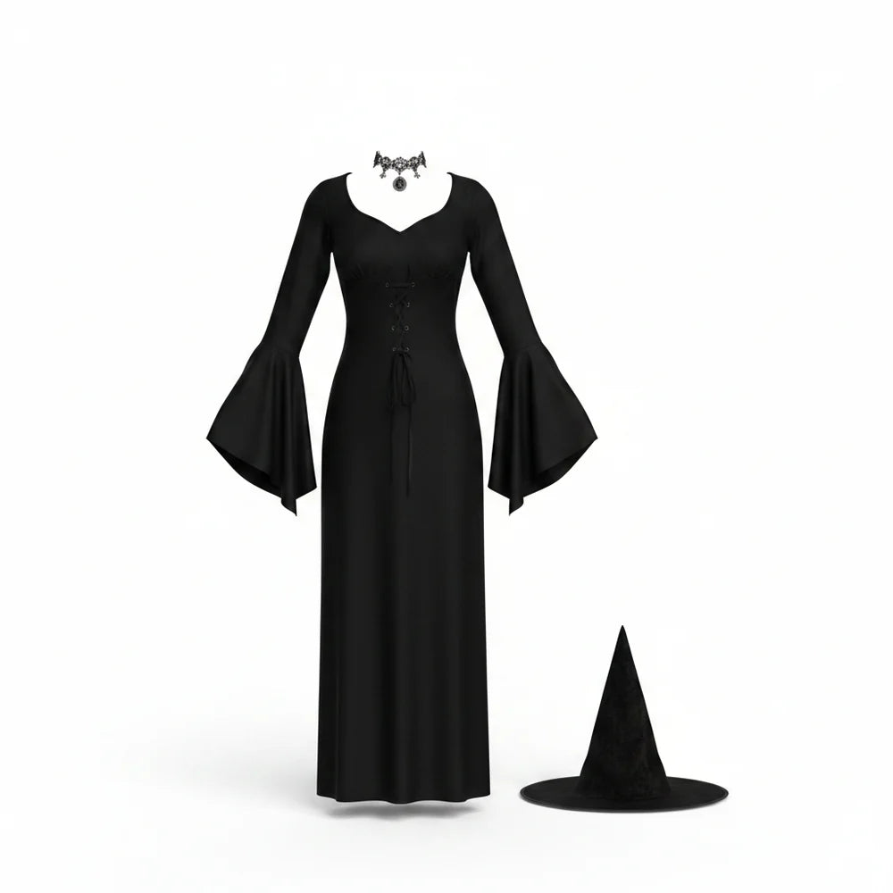 Costume d’Halloween de sorcière pour femme avec robe à lacets et chapeau